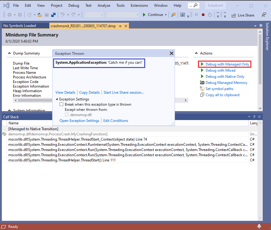 View Exception in Visual Studio