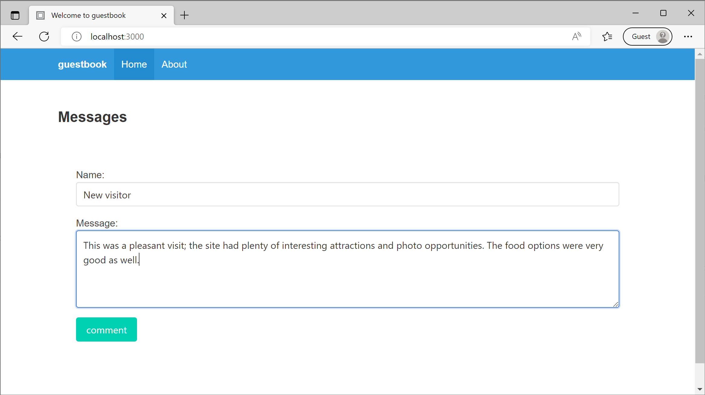 Screenshot of the guestbook web app showing a form to enter the visitor's name and message
